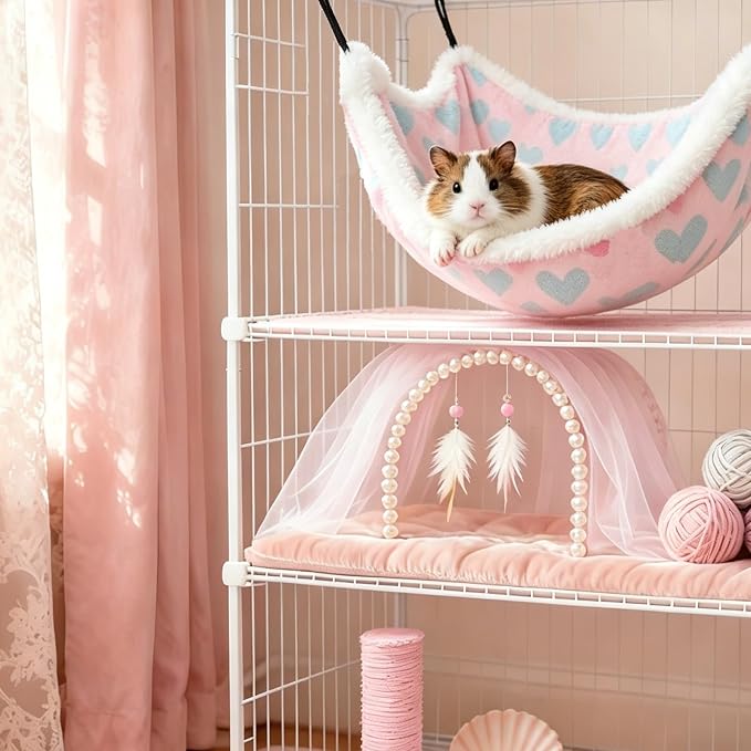Guinea Pig Ferret Hammock for Cage - Machine Washable Double-Decker Hanging Bed - Fits Sugar Glider,Fancy Rat,Hamster,Gerbil - 13.3" x 13.3" - Love Pink Pattern