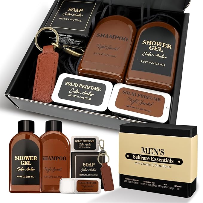 Self Care Gift Set for Men, Bath and Body Spa Gift Baskets for Men, Body & Earth Mens Cedar and Santal scented Bath Set, Father's Day Gifts