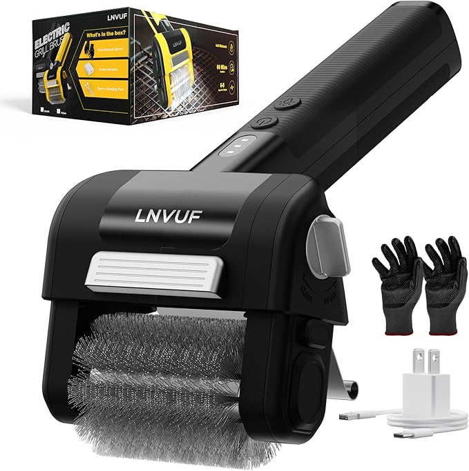 Electric Grill Brush, Grill Cleaner with LED Light, with 800 RPM Motor, 304 Removable Stainless Steel Brush Head, Cordless & Type-C Rechargeable for BBQ, Heavy Duty Grill Cleaning Tool (Black)