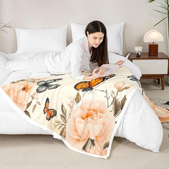 Feelyou Girls Butterfly Fleece Throw Blanket Throw 50"x60" Kids Gray Yellow Sherpa Blanket Plush Fuzzy for Bed Couch Chair Living Room, Chic Gorgeous Bed Blanket Noble Flower Room Decor