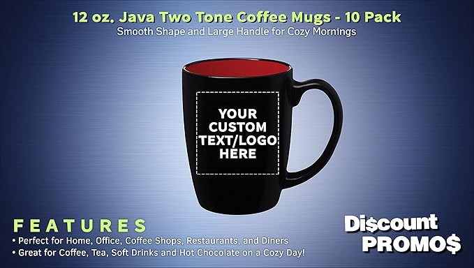 DISCOUNT PROMOS 10 Java Two Tone Coffee Mugs Set, 12 oz. - Customizable Text, Logo - Stoneware, Durable, Easy Grip - BLACKRED