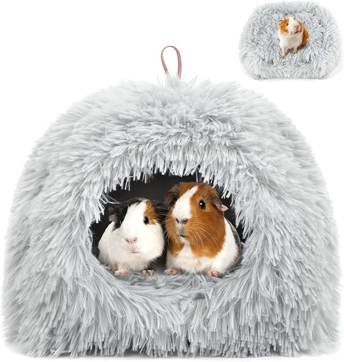 YUEPET Guinea Pig Bed Cave,Warm Guinea Pig Hideout,Light Grey | Cozy Bunny Bed, Washable Long Plush Fabric, Removable Pad, Non-Slip Base, for Ferrets Hamsters Hedgehogs Dwarf Rabbits