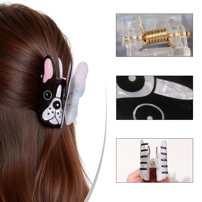 Cute French Bulldog Hair Claw Clips Dog Hair Clips Acrylic Hair Barrettes | Black White Puppy Hair Jaw Clips Animal Hair Accessories Strong Hold Nonslip Grip Clips for Women Daily Holiday Party Styling