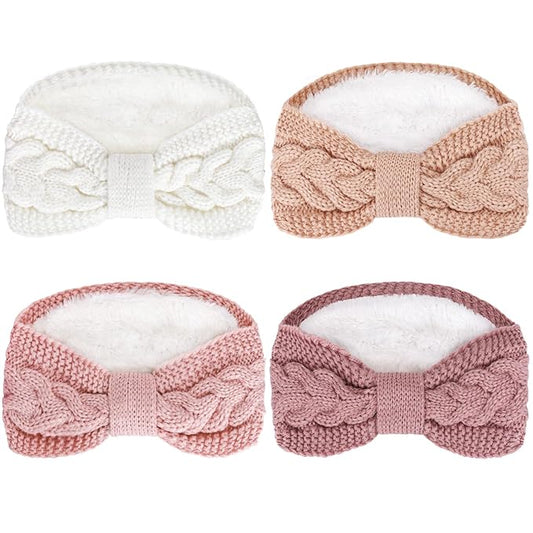 Whaline 4 Pack Twisted Knit Headband Winter Knotted Head Wraps Fuzzy Lined Headband Thick Crochet Turban Ear Warmer Elastic Hair Band Accessories for Women (White, Pink, Purple)