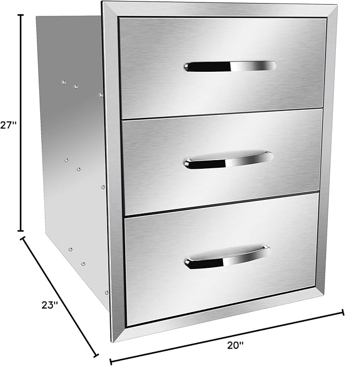 Outdoor Kitchen Drawers Stainless Steel 20W X 27H X 23D Inch, Flush Mount Triple BBQ Island Drawers with Handle for Outdoor Kitchens, Patio or Grill Station