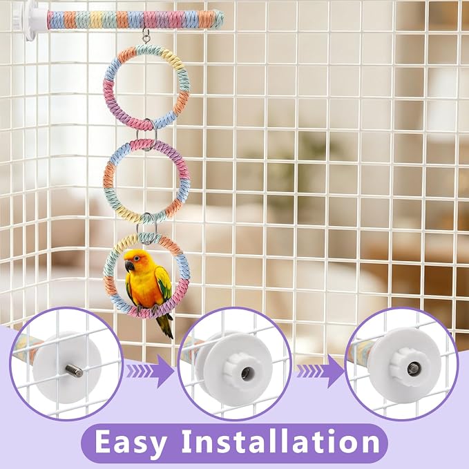 Litewoo 3-Ring Bird Swing Parrot Perch Colorful Cotton Rope Chew Climbe Toy | Colorful soft cotton rope, adjustable length for multi-level play, durable metal connections, for parakeet/budgie/conure