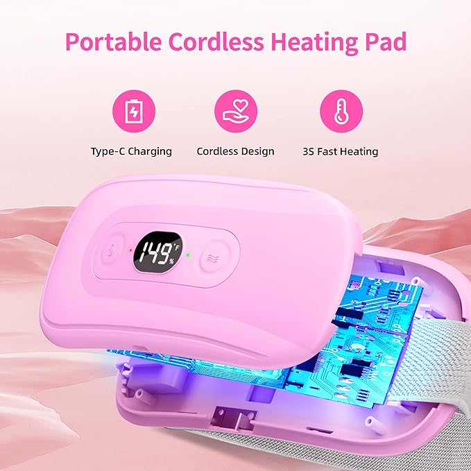 Portable Heating Pad Period Cramps: 2 Timer 6 Heat Levels 6 Vibration Modes Cordless Electric Heating Pad 3s Fast Heating Menstrual Heating Pad Mothers Day Gifts Pink