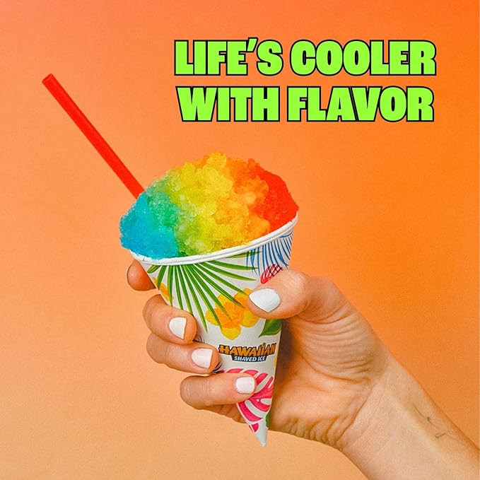 Hawaiian Shaved Ice HomePro Shaved Ice and Snow Cone Machine Kit, 6-16oz. Syrup Flavors Cherry, Grape, Blue Raspberry, Tiger’s Blood, Lemon-Lime, Pina Colada, 50 spoon straws, 6 black pour spouts
