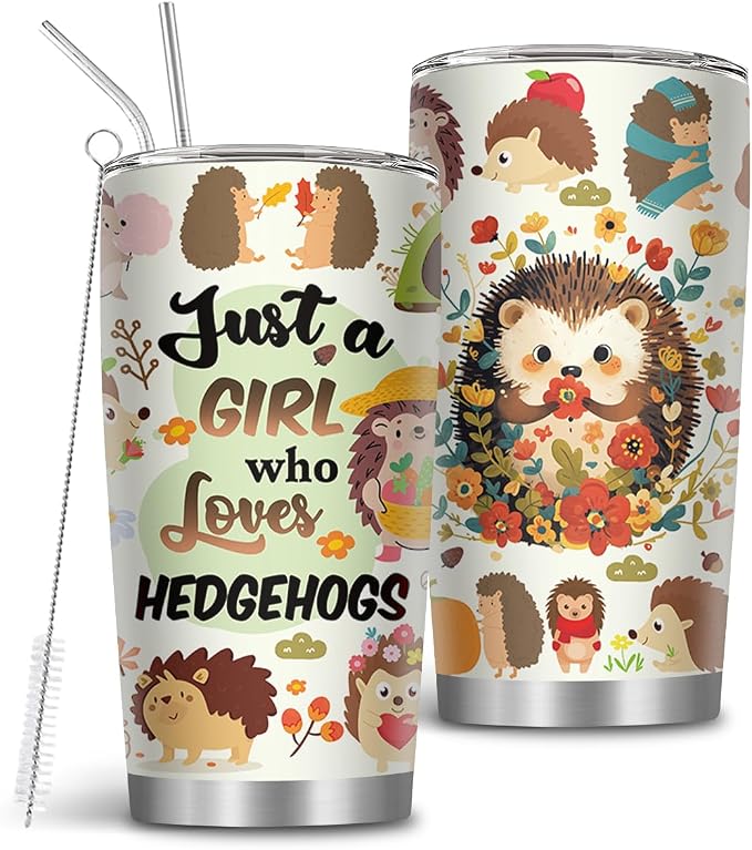 Hedgehog Gift, 20oz Just a Girl Who Loves Hedgehogs Tumblers with Straw, Animal Water Bottle Insulated Cup Travel Coffee Mug, Hedgehogs Gifts for Thanksgiving Christmas, 1 PCS