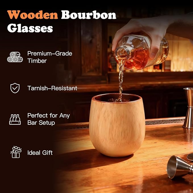 Oak Charred Whiskey Glass - Handcrafted Premium Oak Whiskey Tumbler, Unbreakable Old Fashioned Glass, Unique Wooden Bourbon Drinking Glass for Men