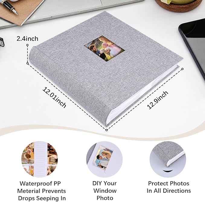 Photo Album 4x6 600 Photos with Writing Space Linen Cover with Front Window Picture Album, 600 Photos 4x6 Photo Album Book for Wedding Kids Travel Family Baby Pictures (Grey)