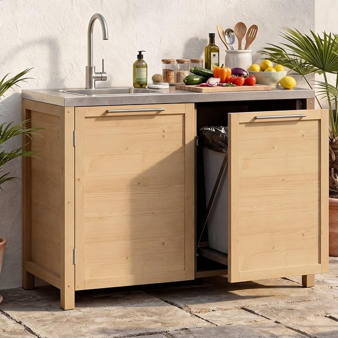 MOUMON Patio Kitchen Sink Cabinet with Stainless Steel Countertop, Solid Cedar Patio Prep Table with Trash Bin Compartment, Outdoor Cooking Station, Sink not Included, Oak 51.2”W x 23.6”D x 37.4”H