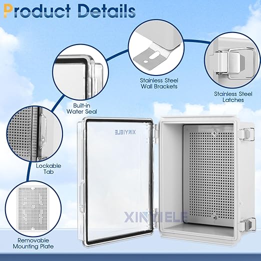 Waterproof Outdoor Project ABS Plastic Junction Box IP67 Weatherproof Dustproof Enclosure with Hinged Cover, Mounting Plate,Wall Brackets for Power Project (Clear,8.7"X6.7"X4.5")