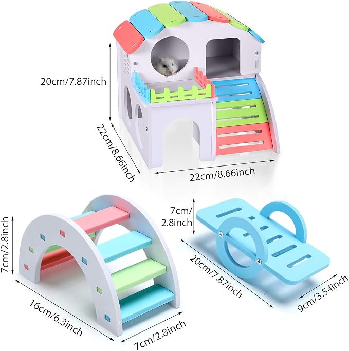 Skylety 3 Pieces Fun Hamster Guinea Pig Hideout Kit, Large, Rainbow Color | Include PVC Hamster House, Rainbow Bridge, Seesaw DIY Exercise Playhouse for Rats Mouse Small Animals