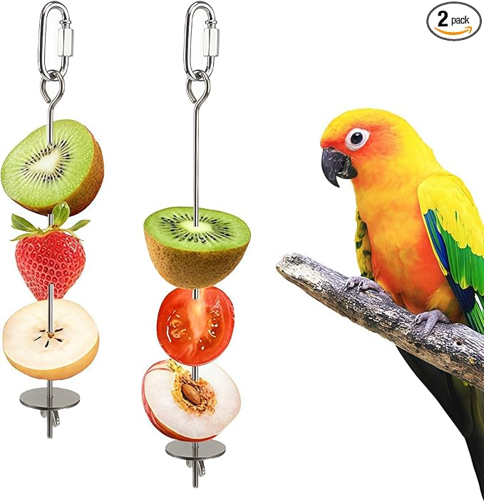 2 Pcs Bird Cage Food Holder Stainless Steel Parrot Fruit & Vegetable Skewer Hanging Foraging Toy for Parakeets, Budgies, Macaws