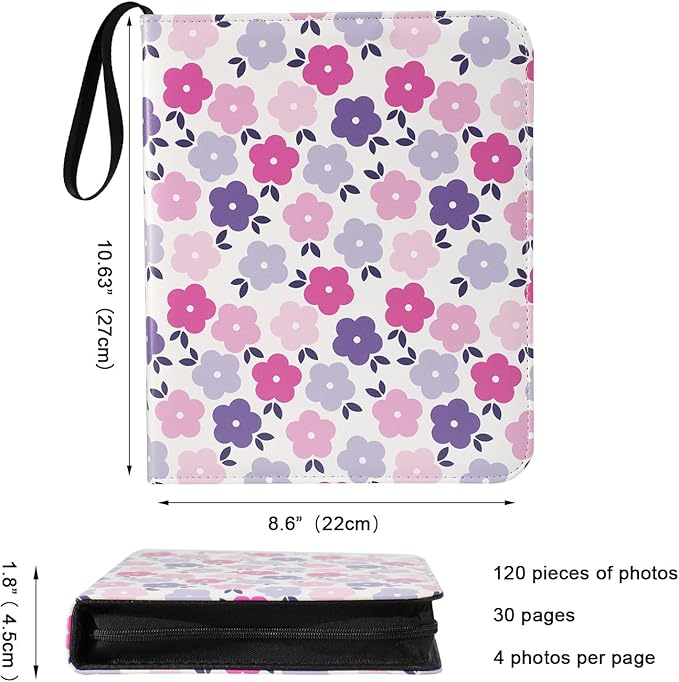 Photo Album 4x6 Pictures,120 Pockets Binder Premium Vegan Leather Cover for Family Wedding Anniversary Baby Kids Vacation. (Flat Floral)