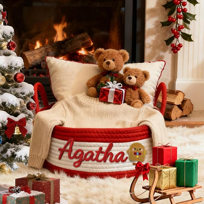 Personalized Christmas Baskets with Name Custom Cotton Rope Basket for Xmas Decor with Family Customizable Woven Gift Basket for Holiday Christmas Dec, Baby Shower, L