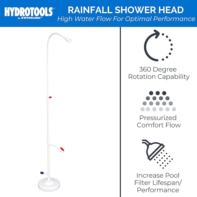 SWIMLINE HYDROTOOLS Tube Style 7 Foot Poolside Shower, Adjustable Head & Foot Tap Spigot With Valve Controls, Standard Garden Hose, Environmentally Friendly, Outdoor Backyard Poolside Beach Spa