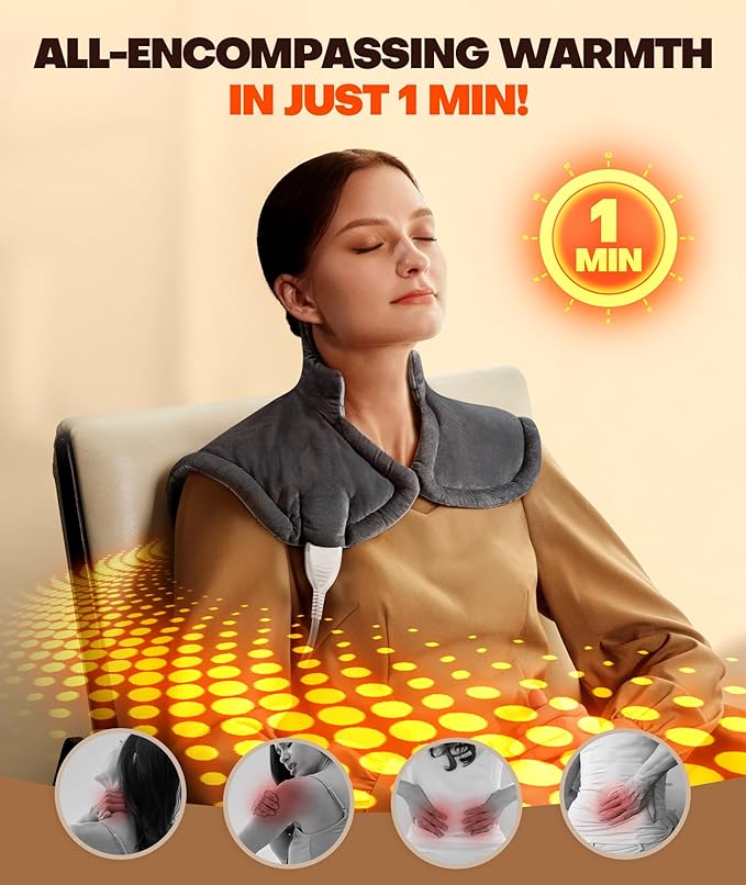 Graphene-Infused 1Min Fast Heating Pad, Deeper Relief Weighted Heating Pads for Neck and Shoulders and Back, Heated Wrap with 6 Heat Options 4 Auto Timer, Gifts for Men Women Mom Christmas