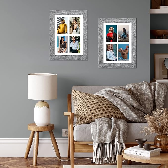 9x13 Picture Frame Display 4 opening 4X6 Picture Frame Collage,Multi Photo Frame with Mat,Plexiglass,Wall or Tabletop Decor,Grey Wood Grain
