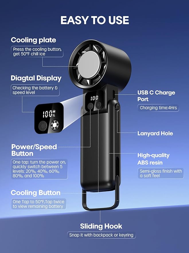 Portable Handheld Fan with Ice Cooler, 5 Gear Wind,Hand Fans with 15000RPM Air Turbo Tech, 3-in-1 Foldable Fans,Digital Display, Rechargeable, Small Portable Fan for Travel,Hiking,Beach,Office