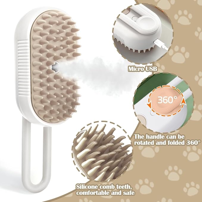 Rabbit Ferret Steam Brush 5 In1 Grooming Kit for Cats Dogs Silicone Massage Tool Stainless Steel Nail Scissors Hair Detangling Comb - Water Spray Rechargeable Shedding Wash-Free Essence (White)