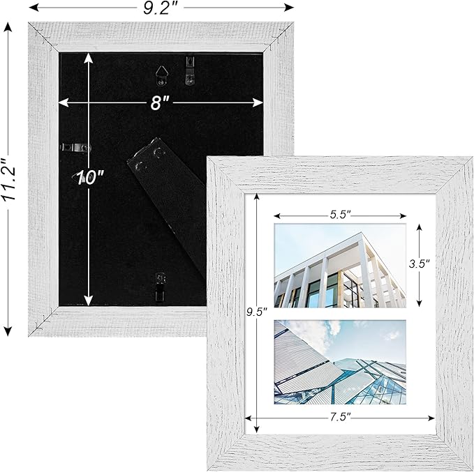 8x10 Picture Frame Display Double 4X6 Picture Frame Collage,Multi Photo Frame with Mat,Plexiglass,Wall or Tabletop Decor,Distressed White Wood Grain