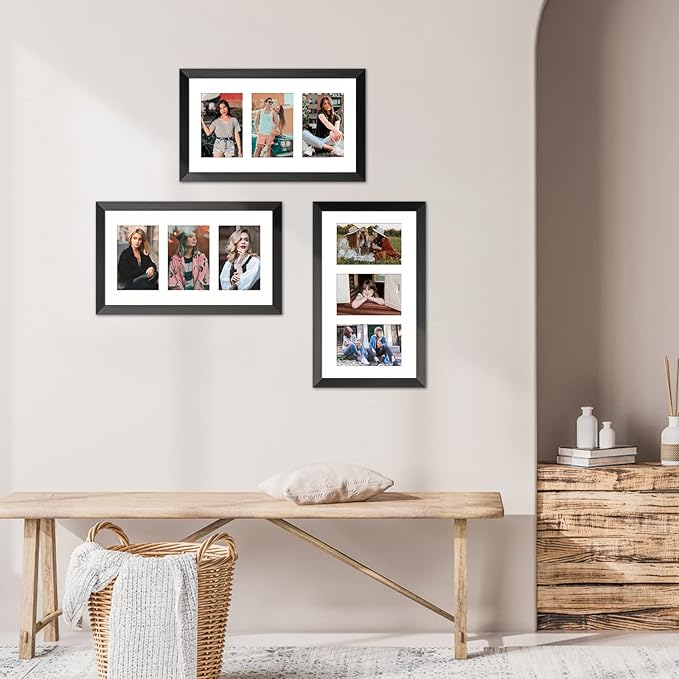 8x14 Collage frame with 3 Openings 4X6 Pictures, Multiple Picture Frame with Mat, Wall or Tabletop Decor, Black Wood Grain (1 Pack)