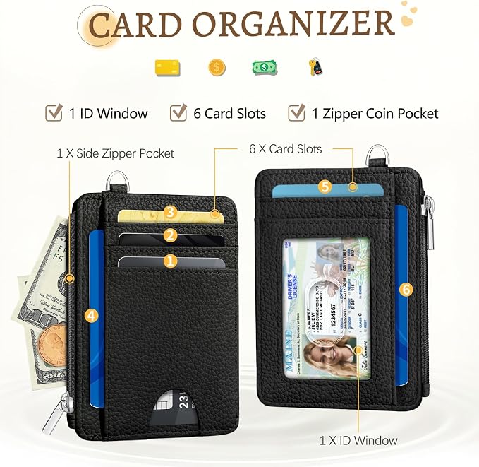 Kelvoris Credit Card Holder Small Wallet Women, Slim RFID, Black | Keychain, Zipper Coin Pocket, Front Pocket Thin Travel Card Case, Minimalist, 6 Card Slots, 1 ID Window, Ladies Gifts Woman
