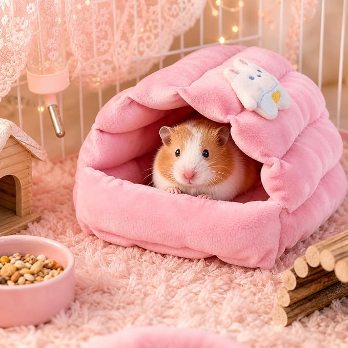 Meow&Woof Small Animal Beds, 2 Pack Hamster Hideout, Washable Guinea Pig House, Cozy Hedgehog Cage Accessories, Hideaway for Sugar Glider, Chinchilla, Rat-Pink