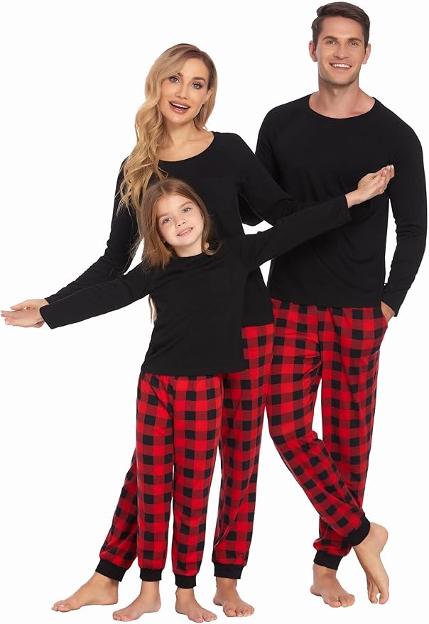 Ekouaer Family Matching Pajamas Christmas Sleepwear Long Sleeve Sleep Shirt with Plaid Pants Soft Loungewear Pjs Set S-XXL