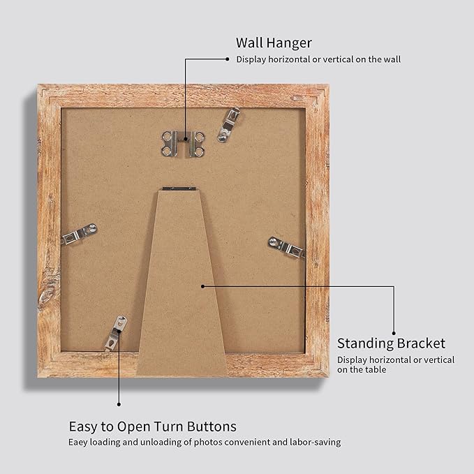 iRahmen 8x8 Picture Frame Set of 4 with HD Glass, Display 6x6 Pictures with Mat or 8 x 8 Without Mat, Square Wood Photo Frame for Wall Mount and Tabletop Display