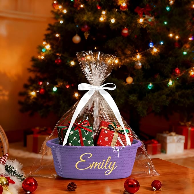 HUTARIO Personalized Woven Basket Embroidered Name with Gift Bags and Ribbons,Empty Small Rope Basket，Durable Storage Custom Purple Basket with Handles for Baby Showers,12"×8"×5"