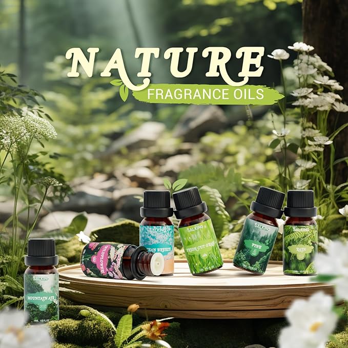 SALKING Nature Fragrance Oils, Premium Essential Oil for Diffuser, Scented Oil Gift Set for Soap Candle Making - Pine, Ocean Breeze, Rain, Fresh Cut Grass, Wildflowers, Mountain Air