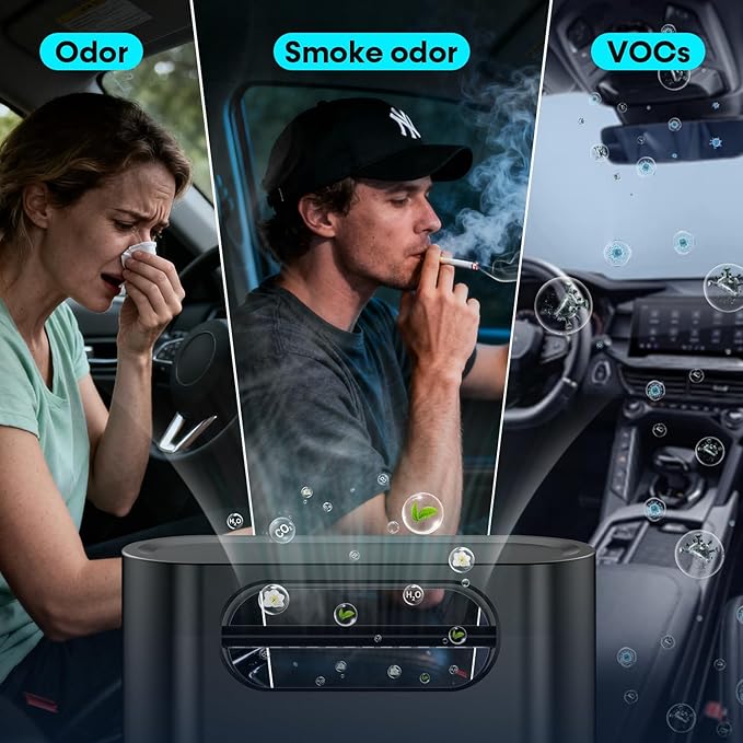 Compact Car Air Purifier- Easy Install Portable Filter-Free Odor Eliminator for Smoke, Pet Odors and VOCs, Silent Operation, Universal Vent Clip for Car by Yakry