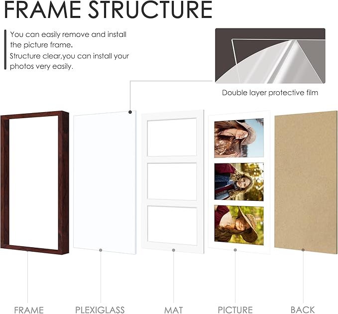 8x16 Collage Picture Frame 5x7 Collage Picture Frame Displays Three 5x7 inch Photos or 8x16 (Without Mat) for Available Horizontal Wall Mounting Display and Vertical Redwood