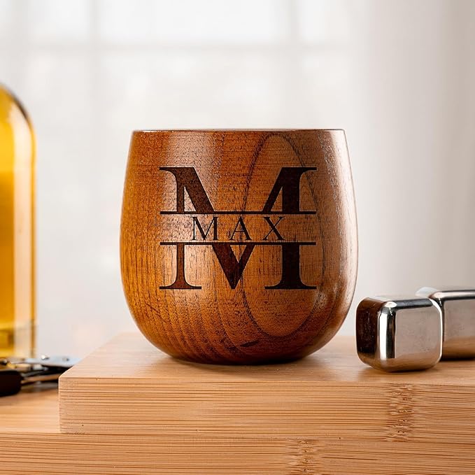 Custom Monogram Wooden Whiskey Glass, Laser Engraved Gift for Men, Dad, or Husband, 10 oz Personalized Wooden Bourbon Cup