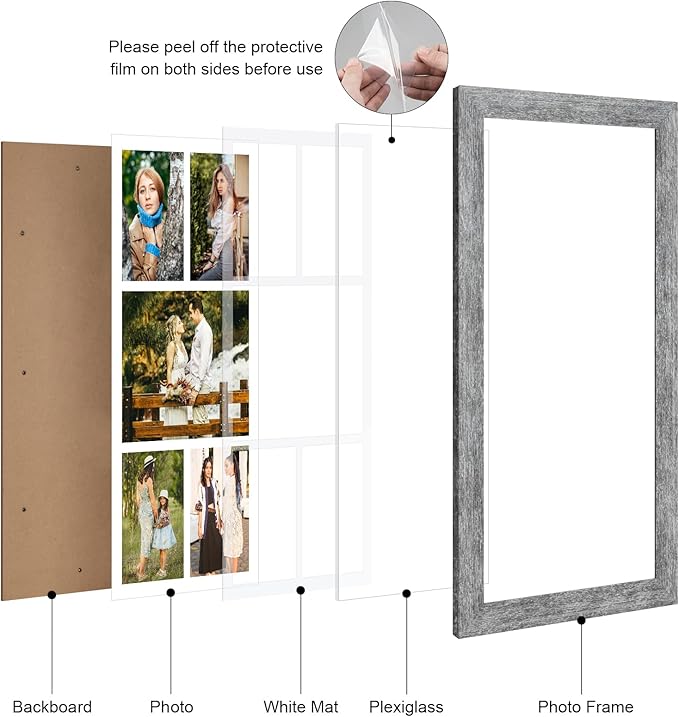 11x23 Picture Frame Display 5 opening 5x7 and 8x10 Picture Frame Collage,Multi Photo Frame with Mat,Plexiglass,Horizontal and Vertical Formats for Wall Decor,Grey Wood Grain