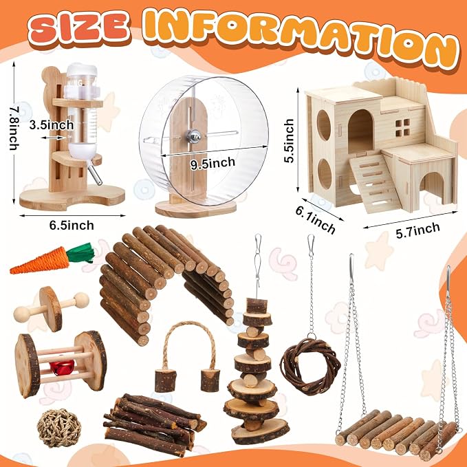 18 Pcs Hamster Accessories for Cages 10 Kinds Hamster Toys Set | Silent Hamster Wheel Maze Wood House Water Bottle Set for Rat Mice Small Animals Habitat Decor Enrichment(Mixed Play Style)