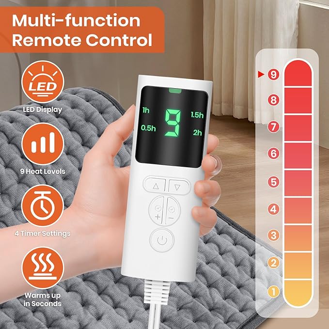 Heating Pad for Back Pain Relief, Heating Pads for Period Cramps with 9 Heat Settings & 4 Timers Auto-off, Machine Washable, Dry & Moist Heat, Soft Electric Heating Pad for Sore Muscles,Gift,12''×24''