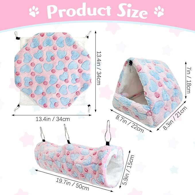 PINVNBY 3 PCS Ferret Rat Hammock Set Hanging Guinea Pig Hideout Bed Small Animals Tunnel Toy Ferret Cage Accessories for Hamster Squirrel Sugar Glider Chinchilla (Pink)