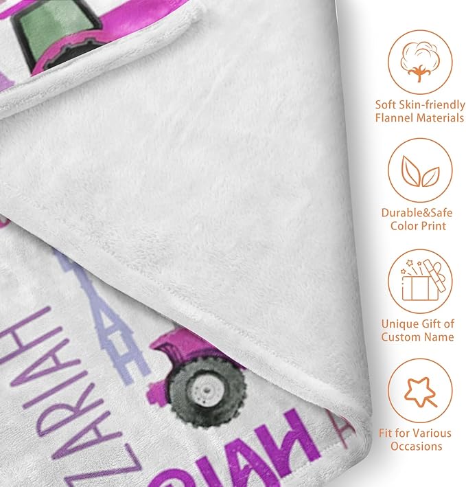 Personalized Tractors Blanket - Custom Name with Farm Tractor Trucks Design - Soft Plush Flannel Bed Blanket for Baby Kid Teen Boys Girls Customized Gifts White & Purple