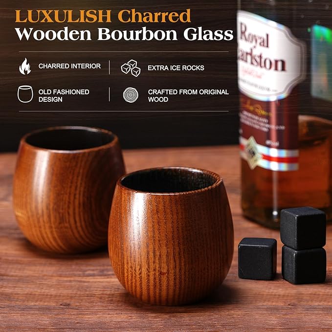 Charred Wooden Bourbon Glass, Include 3 Ice Whiskey Rocks, The Original Wood Bourbon Drinking Cup, Old Fashioned Whiskey Glasses Tumblers, Cool Gift for Men, Dad, Husband, Brother, Friends