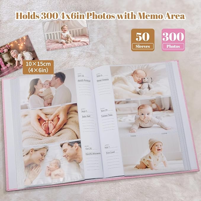 Baby Photo Album 4x6 300 Pockets with Memo Area & Hand and Footprint Kit, Linen Cover Slip-in Memory Book with Front Window, Acid-Free Keepsake for Newborn Boy Girl, First Year Moments