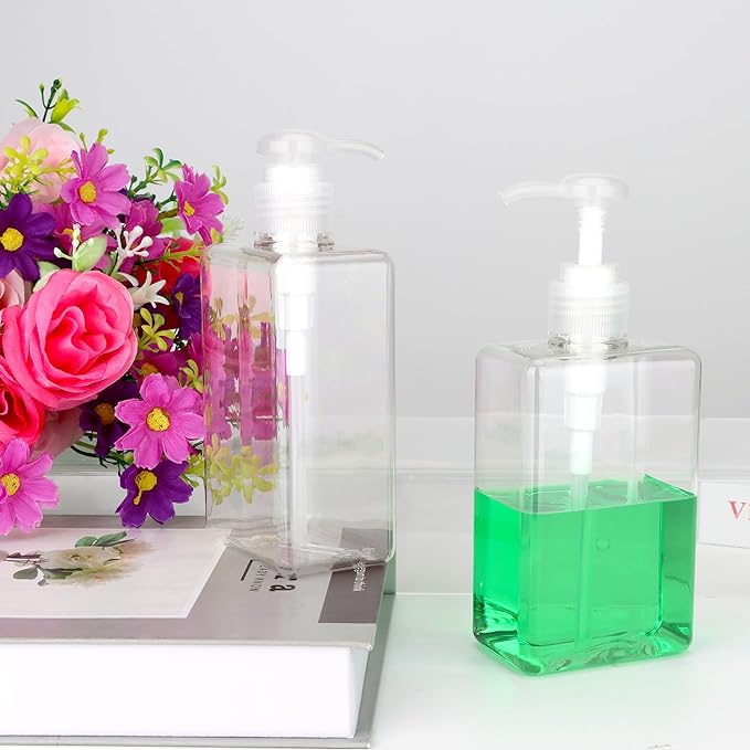 280ml (9.5oz) Pump Bottle Dispenser Jansburg 2 Pack Refillable Flat Square Plastic Lotion Dispenser Leakproof Empty Lotion Pump Bottle for Essential Oil Soap Lotion Shampoo Clear
