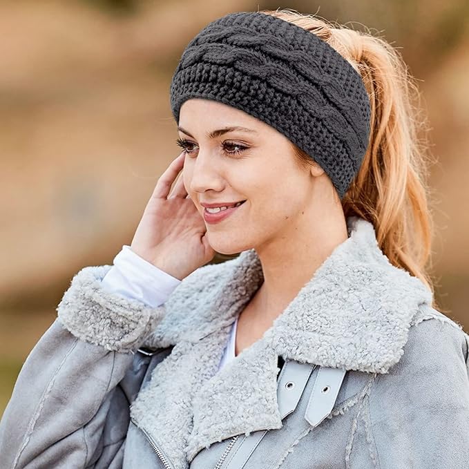 AQOKKA Knit Winter Headbands for Women Fuzzy Wool Fleece Lined Ear Warmers Elastic Turban Crocheted Head Wrap Winter Accessories for Women Cold Weather