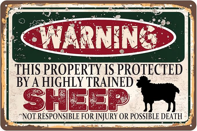 Vintage Sheep Metal Sign Wall decor | Warning this property is protected by a highly trained Sheep Sign Funny Tin Signs 12x8 Inch