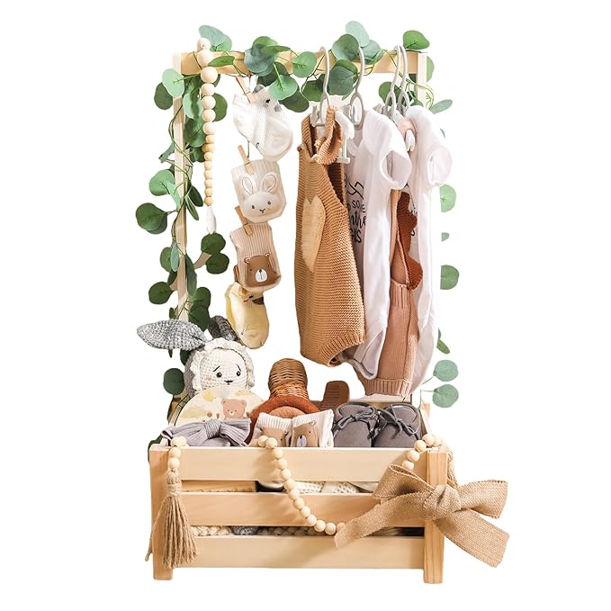 Wooden Baby Shower Crate - Baby Shower Basket Gift Set with Milestone Card, Eucalyptus Leaves, Tassel Bead String, Burlap Tape & More for Baby Showers, Nursery Decor & Photo Props