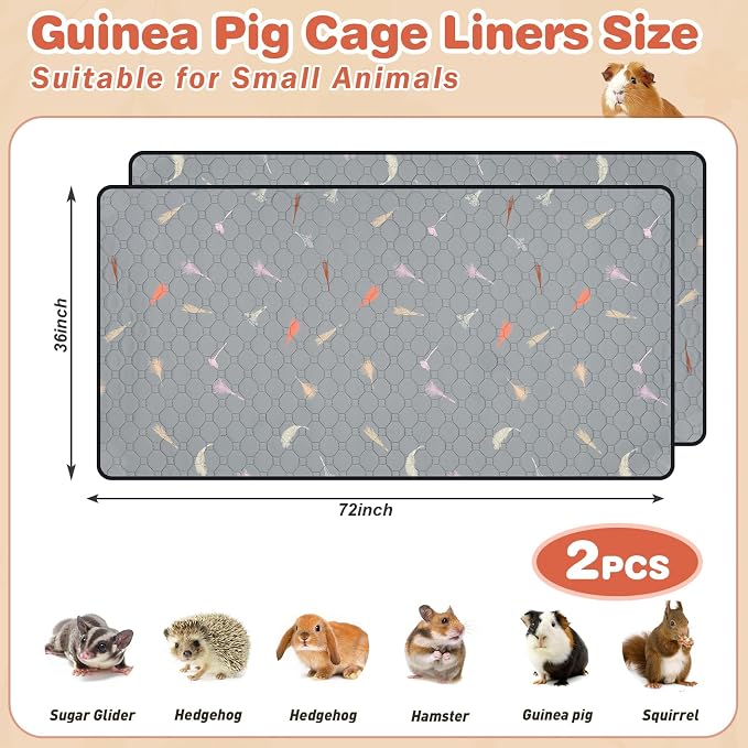 2Pcs Guinea Pig Cage Liners,Guinea Pig Fleece Cage Liners36''X72'' Super Absorbent Washable Pee Pads Reusable for Rabbit Hamster Chinchilla