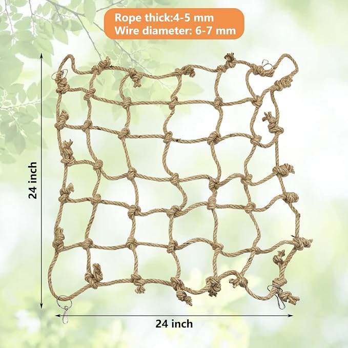 Tfwadmx Natural Bird Rope Net, Large Size - 24''X24'' Parrot Swing Hammock, Bird Climbing Ladder Hanging Cage Perch Chew Toys for Budgies Macaw Conure Finch Cockatoo Budgie African Grey Parakeet